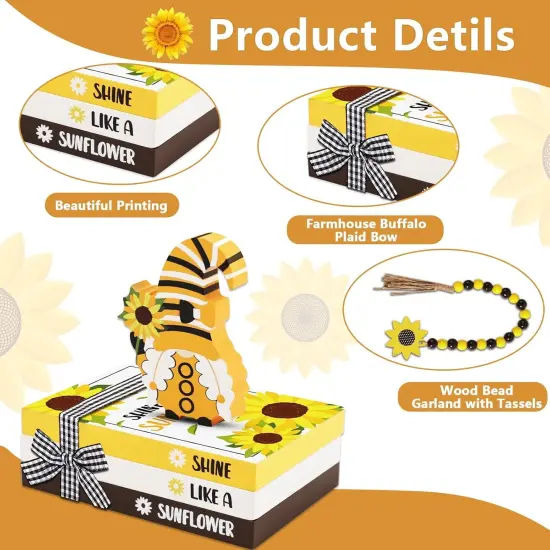 5 Pieces Sunflower Tiered Tray Decor Summer Wood Table Sign Rustic Book Stack with Gnome Wood Bead Tassels Summer Wooden Tabletop Centerpiece Shelf Decoration for Farmhouse Decor {3}