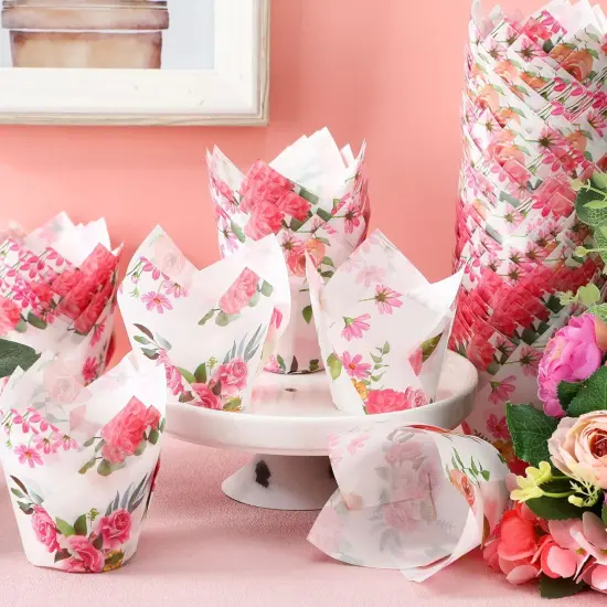 200 Pieces Pink Flower Tulip Cupcake Wrappers Liners Tulip for Baking Flower Liners Mini Cupcake Baking Rustic Birthday Party Decoration for Bridal Shower Wedding Festival Party {4}