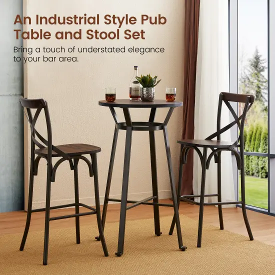 3 Piece Pub Table and Bar Chair Set - Steel Round Bar Table and Bar Chair Set Brown {3}