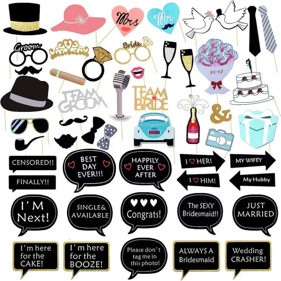 Wedding Photobooth Props Kit, Engagement Photo Booth Accessories with Wooden Dowels for Bridal Shower Wedding Favour Party Decorations Funny Selfie Props {1}