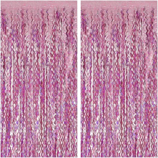 Pink Streamers Fringe Backdrop Tinsel Foil Fringe Curtains Wavy Backdrop for Parties Sparkle Metallic Wavy Foil Fringe Backdrop Curtain Photo Booth Props for Birthday Wedding {1}