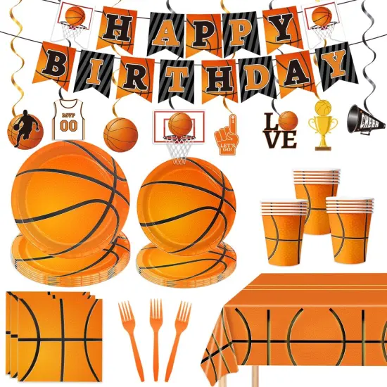 130 Pcs Basketball Party Supplies Basketball Party Decorations Plates Napkins Cups Forks Tablecloth Banner Hanging Swirl for Basketball Birthday Party Decorations, Serves 24 {1}