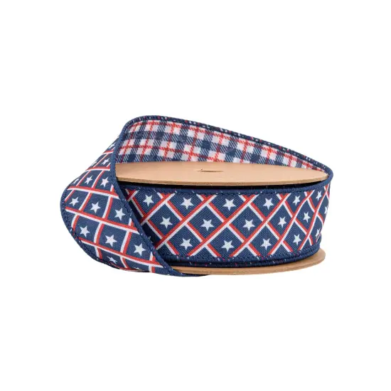 LaRibbons 1 1/2" Wired Ribbon | Patriotic Diamond Stars/Plaid | 10 Yard Roll {1}