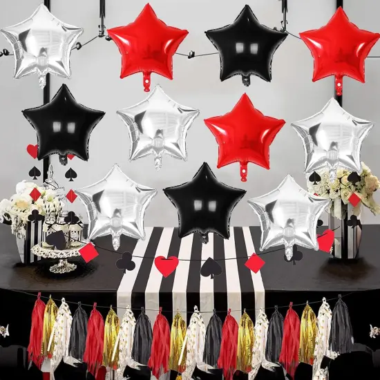 Black Red Star Foil Balloons, 18 Inch Black Silver Pentagram Aluminum Foil Balloons 12 Pcs {5}