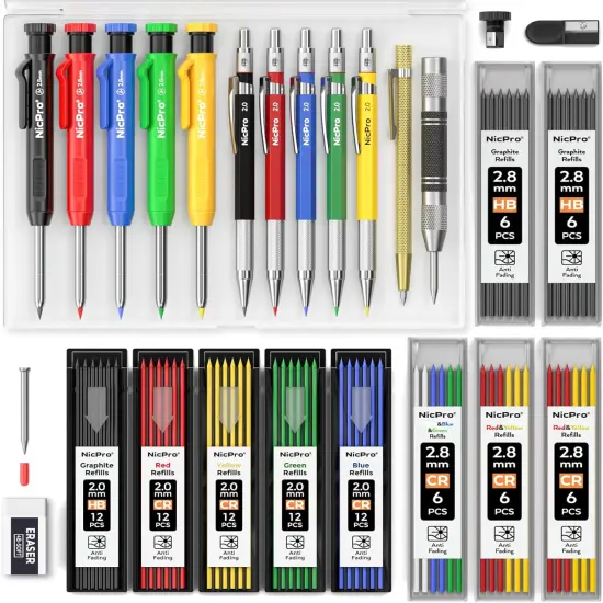 27 Pack Carpenter Pencils for Woodworking, Construction Mechanical Pencil with 100 Refill, Automatic Center Punch and Carbide Scribe Carpenter Tool, Construction Pencil for Carpenters Marking {1}