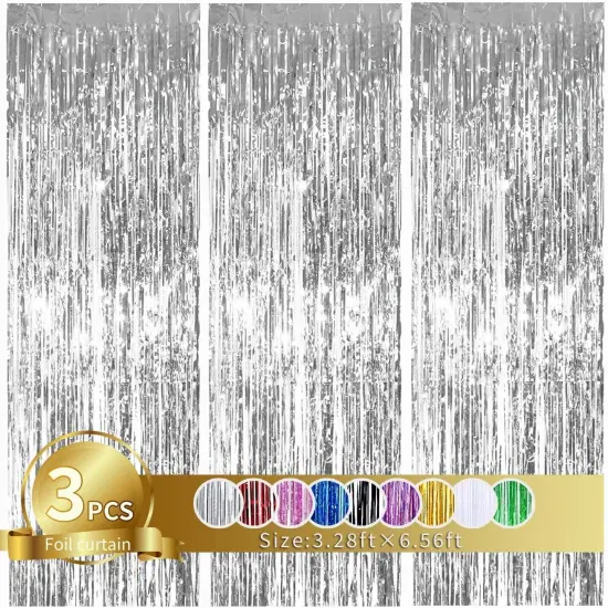 3Pcs Silver Metallic Tinsel Foil Fringe Curtains,3.28ft x 6.56ft Silver Photo Booth Backdrop Streamer Curtain,Great for Bachelorette,Birthday,Christmas,New Year Party Decorations {1}