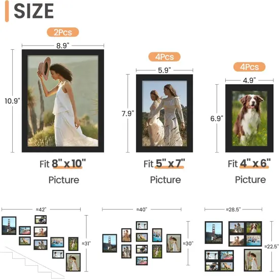 10 Pack Picture Frames Collage Wall Decor for Mounting or Tabletop Display, Photo Gallery Frame Set for Family, Multi Sizes Including 8x10, 5x7, 4x6, Black {1}