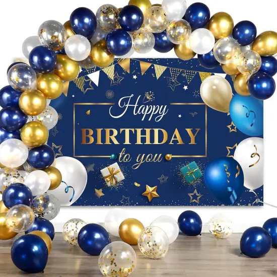 Navy Blue Birthday Confetti Balloons Kit Set 50 Pieces Photography Backdrop Banner Package for Boys Girls Men Women Birthday Party Decorations Supplies(Navy Blue and Gold) {1}
