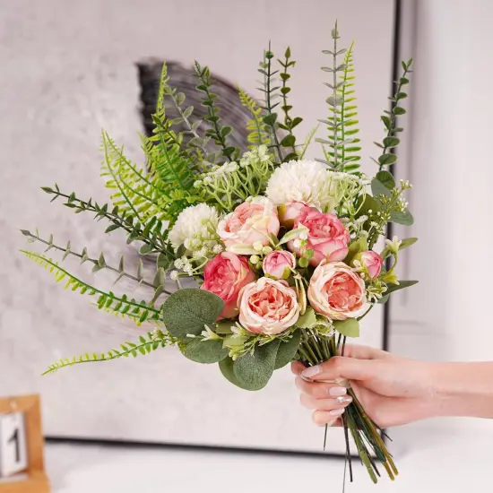 Fake Flowers in Vase, Artificial Peony Flowers in Vase, Fake Silk Flower Bouquet for Home Decor Table Centerpieces, Faux Flower Arrangement for Kitchen Dining Coffee Table Decor {4}