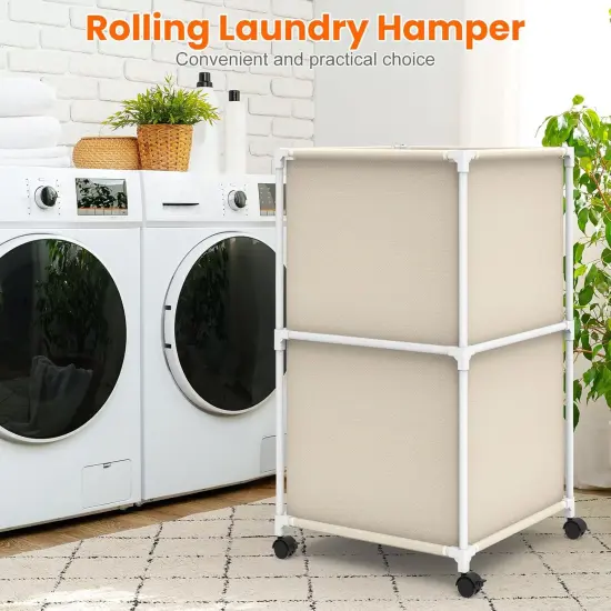 32Gal Large Laundry Hamper with Wheels - Rolling Clothes Basket, 120L Oxford Fabric Storage for Bedroom, Dorm, Laundry Room, Beige {4}