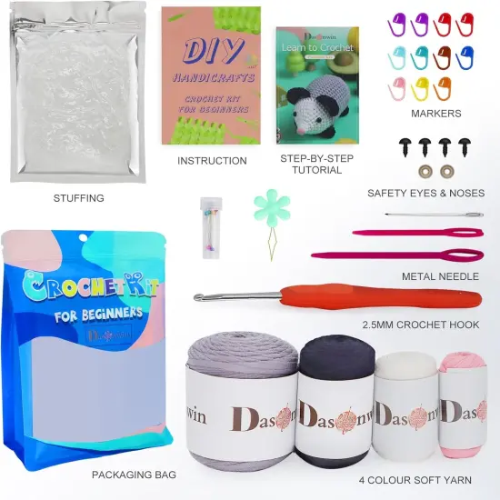 Crochet Kit for Beginners,Crochet Animal Kit with Step-by-Step Video Tutorials,Grey Crochet Possum,Easy Yarn Kits,Beginners Crochet Kit for Adults,Gifts for Women,Adults,Kids {3}