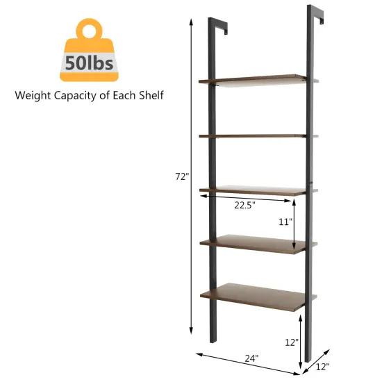 Steel Ladder Bookshelf, 5-Tier Wall-Mount Shelf Organizer for Home Dark Brown {3}