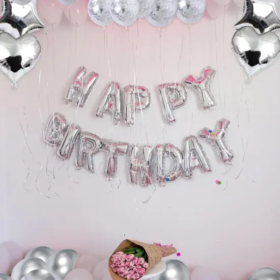 27 Pcs Silver Birthday Decorations, 3D Foil Silver Happy Birthday Balloon Banner {3}