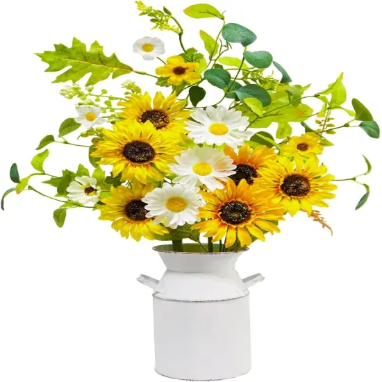 23.5" Faux Flowers in Vase, Silk Sunflower Artificial Flowers with Metal Pot Fake Sunflowers with Vase Flowers Arrangement Centerpieces for Table Kitchen Dining Living Room Home Spring Decor {1}