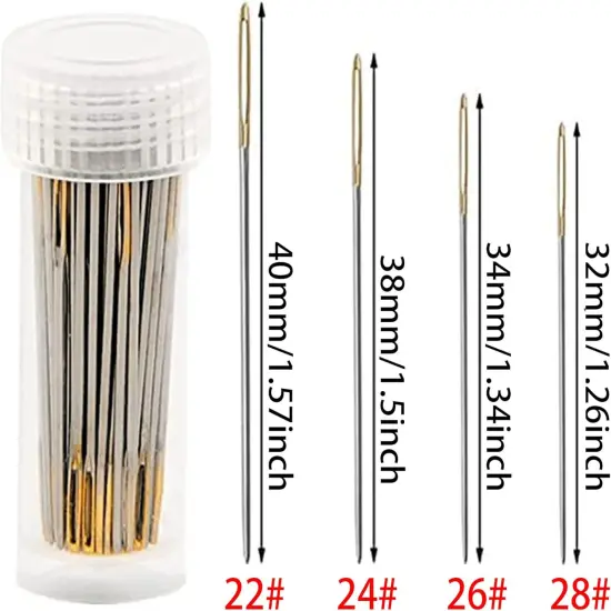 120pcs Cross Stitch Needles +2 Needle Threader Golden Color Large Eyes Cross Stitch DIY Embroidery Hand Needles Sewing Needles in Transparent Box Size 22# 24# 26# 28# {2}