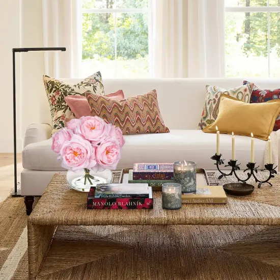 Pink Roses Peonies Artificial Flowers with Glass Vase Silk David Austin Roses Faux Flowers Arrangements with Clear Faux Water in Vase Fake Peonies Rose Peony Floral Bulk Bouquet Home Decor {4}