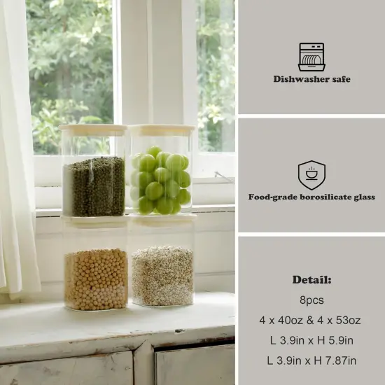 8pcs Square Pantry Glass Jars with Clear Airtight Lids Kitchen Canisters Sets for Flour, Sugar Refrigerator Safe, Available in 2 Sizes: 40oz / 54 oz {5}