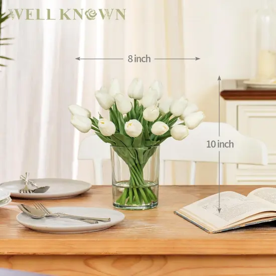 20 Pcs White Tulips Artificial Flowers in Vase, Fake Flowers in Glass Vase, Real Touch Fake Tulips Artificial Flowers in vase with Faux Water for Home Decoration, Dining Table {2}
