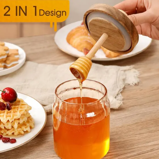 15oz Glass Honey Jar with Dipper Stick and Wooden Lid, Honey Pot with Wooden Dipper, Airtight Honey Containers with Dipper {4}