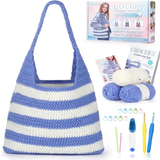 Crochet Kit for Beginners - Striped Tote Bag Set Includes Yarn, Hooks, Step-by-Step Guide, Needles & Accessories - Adults & Kids Crochet Starter Gift {1}