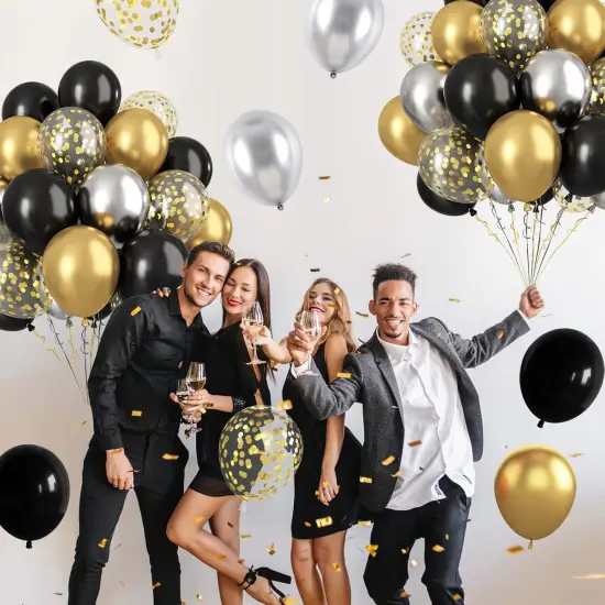 Black and Gold Balloons Latex Balloons, 60 Pcs 12 Inch Silver Gold Confetti Balloons with Ribbons for Birthday Graduation Black Gold Party Wedding Engagement Anniversary Festival Decoration {4}