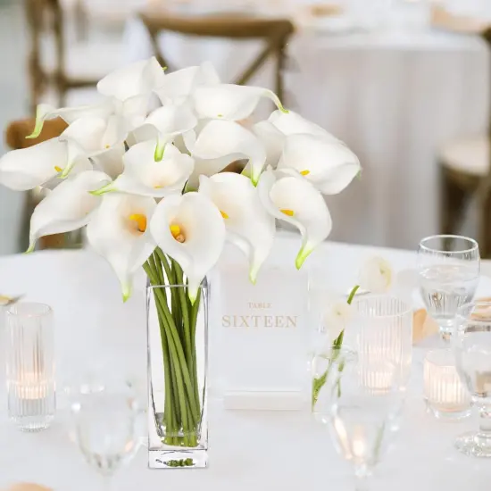 Fake Flowers in Vase 14&ldquo; Artificial Calla Lily Pure-White Flowers Arrangement with Vase and Faux Water for Home Decor Dining Table {2}