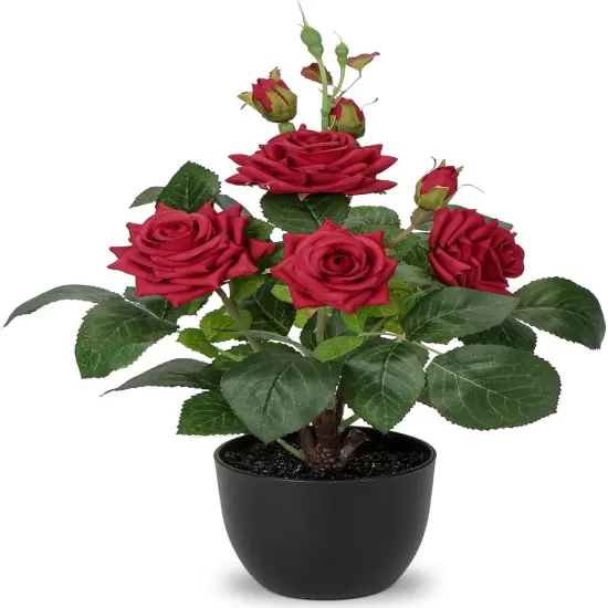 Artificial Plants & Flowers in Vase Red Roses Artificial Flowers Potted Plant Faux Silk Flower with Black Pot Fake Rose Flower Arrangement Home Decor Bathroom Shelf Desk Decoration 15 Inch {1}