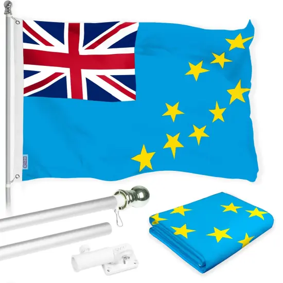 G128 Combo Pack: 6 Ft Tangle Free Aluminum Spinning Flagpole (Silver) & Tuvalu Tuvaluan Flag 3x5 Ft, LiteWeave Pro Series Printed 150D Polyester | Pole with Flag Included {1}