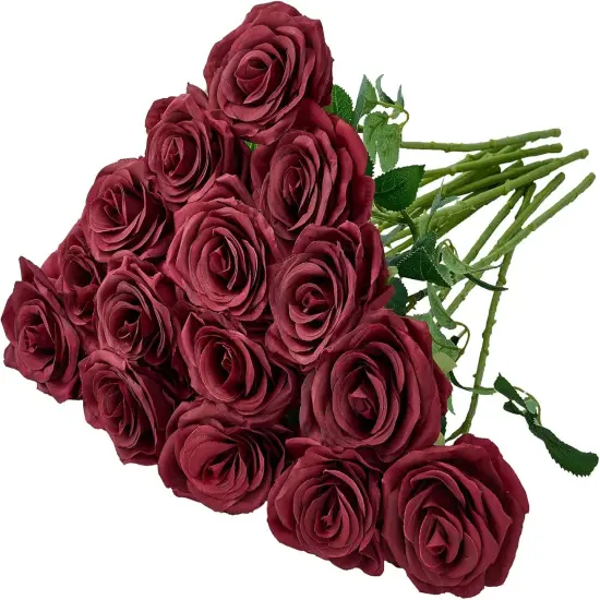 15pcs Artificial Rose Flowers Long Stem Burgundy Fake Silk Roses {1}