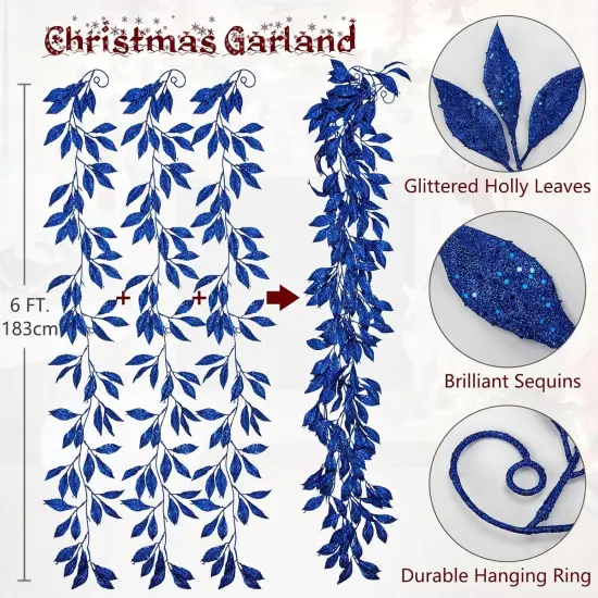 3 Pcs 6FT Christmas Garland Blue Glittered Artificial Magnolia Leaves {2}