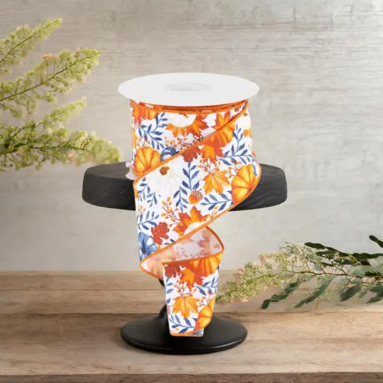 2.5" Pumpkin Foliage Ribbon: White/Navy (10 Yards) {3}