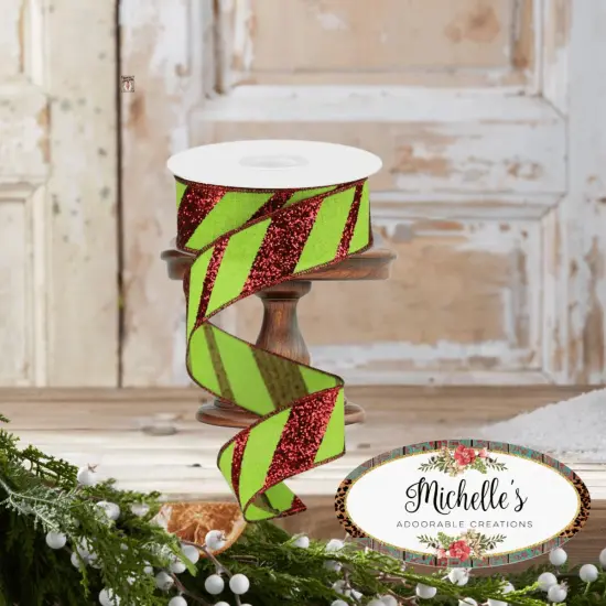 1.5" Diagonal Glitter on Royal Ribbon: Lime Green (10 Yards) {4}