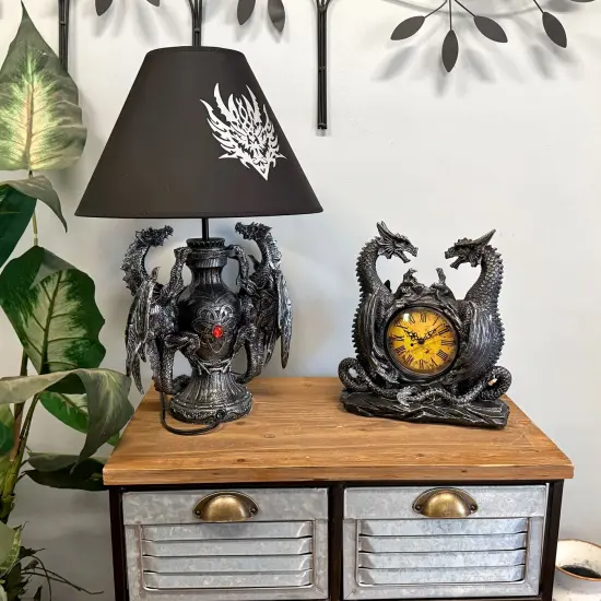 Twin Evil Dragons Antiqued Mantel Clock Table Desk {6}