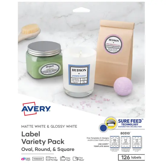 Avery Labels Variety Pack, Sure Feed Technology, Laser/Inkjet, Assorted Label Shapes, 126 Labels (80510) {1}