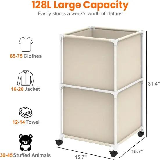 32Gal Large Laundry Hamper with Wheels - Rolling Clothes Basket, 120L Oxford Fabric Storage for Bedroom, Dorm, Laundry Room, Beige {6}