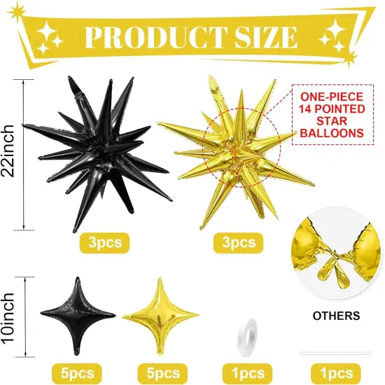 Black Gold Star Balloons,Explosion Star Balloons Kit with 6Pcs 22Inch Cone Star Foil Balloons and 10Pcs 10Inch Four Pointed Star Balloons for Birthday Anniversary Disco Party Decorations {2}