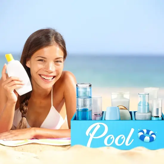 Summer Storage Basket Blue Pool Wooden Box with Three Compartments Toilet Tank Tray for Indoor Outdoor Swimming Pool Decor Sunblock Sunglasses Pool Toy Storage Box {2}