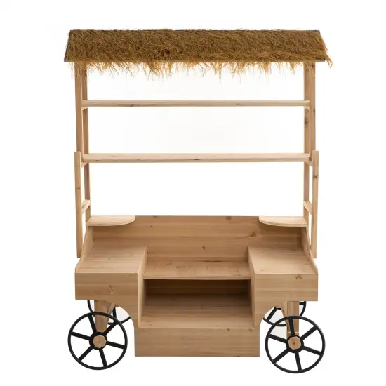 Vintiquewise Versatile Multi-Tier Shelves Wooden Rolling Cart - Perfect for Festival, Event Stand, Food Tasting Table, Garden Floral Display Rack, & Home Decor with Straw Roof and 2 Black Wheels {3}