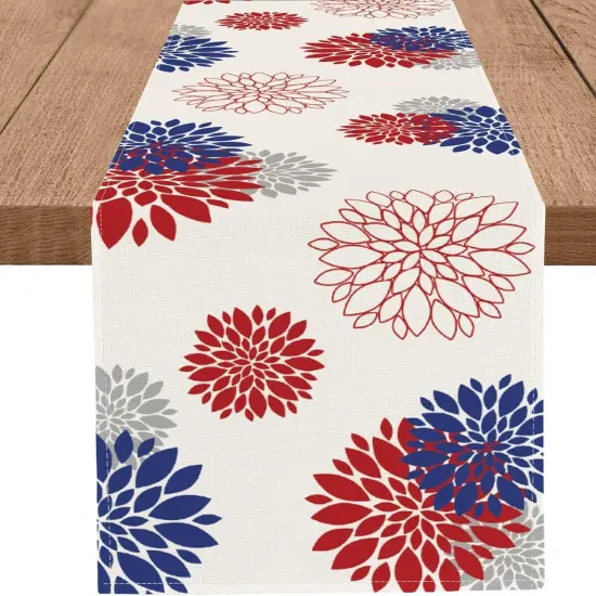 4th of July Independence Day Table Runner God Bless America Blue Red Dahlia Flower Memorial Day Table Runners Grey Modern Table Center Decor for Home Kitchen Dining Party Patio {1}