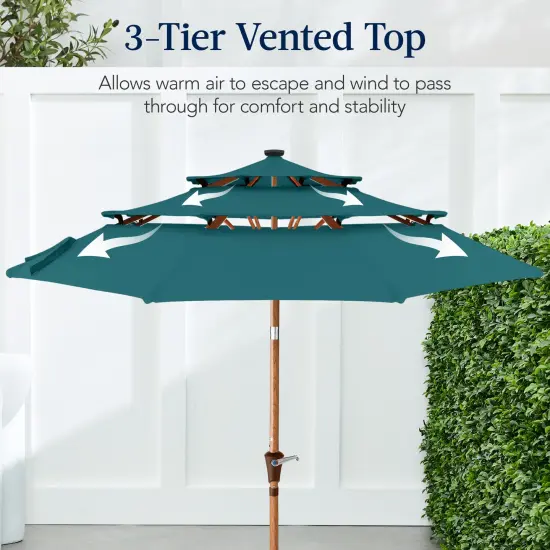 Best Choice Products Woodgrain Pattern 10ft 3-Tier Solar Patio Umbrella w/ 24 LED Lights, Tilt Cerulean {4}