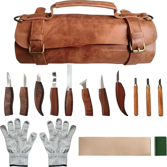 Wood Carving Kit Deluxe Whittling Knife Set 15PCS Wooden Carving Tools with Large PU Leather Case for Beginner Carpenter Experts {1}