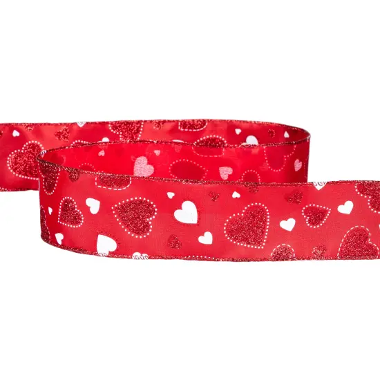 Northlight Glitter Hearts Valentine's Day Wired Craft Ribbon - 2.5" x 10 Yards - Red and White {5}