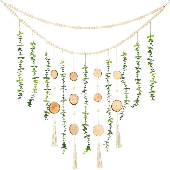 Hanging Eucalyptus Boho Wall Decor 36 x 36 Boho Wall Hanging Wooden Bead Garland {1}