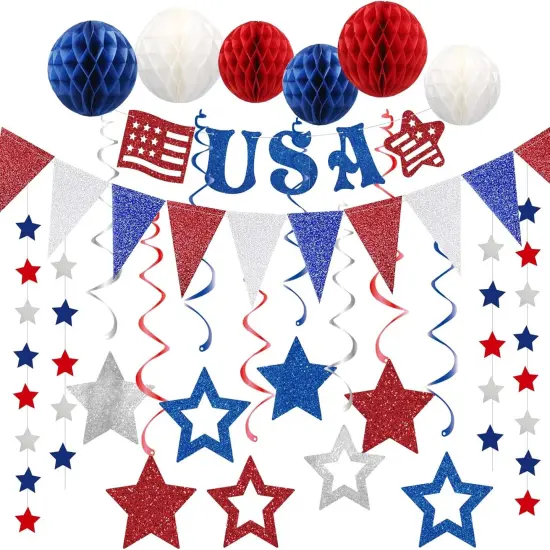 4th of July Patriotic Decorations Set,Red White Blue Honeycomb Ball,Star Hanging Swirl,star Garland {5}