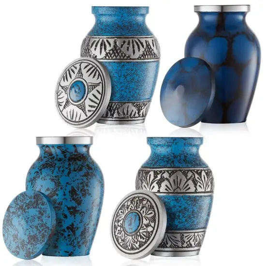Small Keepsake Cremation Urns for Human Ashes, Set of 4 Blue and Silver w Case {4}