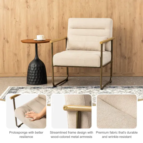 33.25"H Mid-Century Modern Beige Fabric Accent Arm Chair with Metal Frame {2}