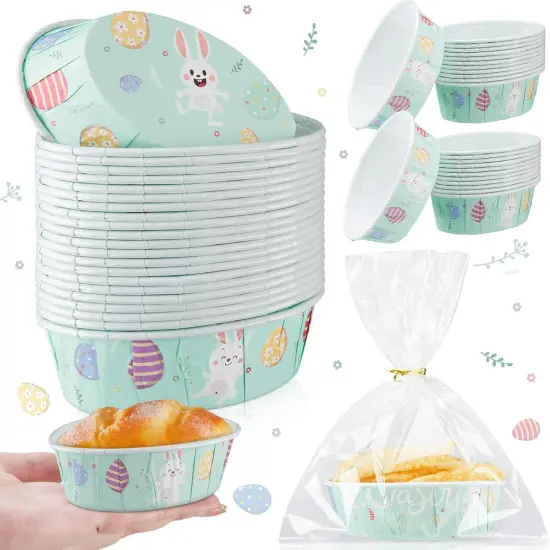 25 Pcs Easter Bunny Paper Loaf Pans 3 x 2 x 1.1'' Mini Loaf Pan Liners with Clear Plastic Bags and Ties Easter Baking Cake Pans Disposable Oval Cake Cups Baking Mold for Baking Cupcake Bread {1}