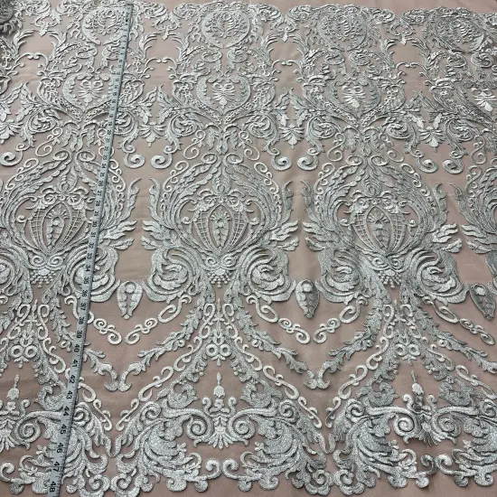 1 Yard White Corded Bridal Lace Fabric, 48&rdquo; Wide Embroidered Polyester Mesh Silver {7}