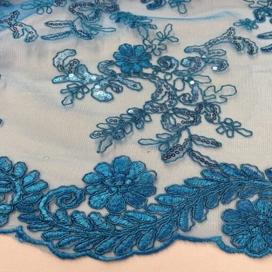 1 Yard Turquoise Sequin Embroidered Lace Fabric Corded Mesh Double Scallop Edge 54" Wide {1}