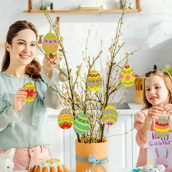 24PCS Wooden Egg Ornaments to Paint Easter Decoration Cutouts Unfinished 8 Different Patterns, DIY Blank Unfinished Wood Discs Ornament for Home Crafts Hanging Spring Decoration 3.5 inches {6}